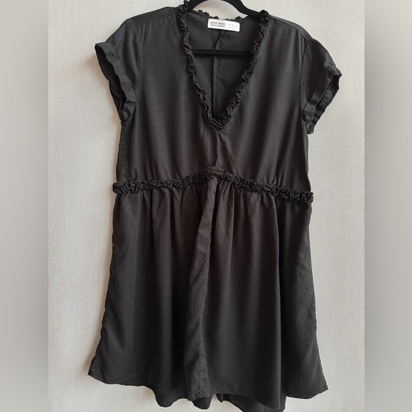 Zara Black Ruffle Trim Loose Fit Mini Dress | Lyocell | Size S - Picture 1 of 8